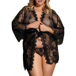 

Plus Size See Through Lace Lingerie Robe and T-back, Black