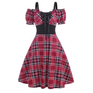 

Plaid Cold Shoulder Lace Up Empire Waist Dress, Red