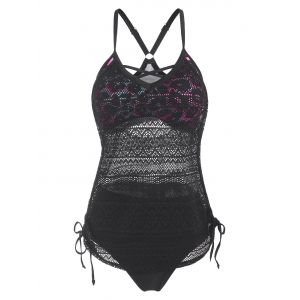 

Leopard Panel Lace Cinched Ruched Double Up Tankini Swimwear, Black