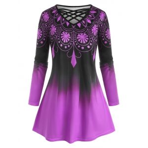 

Plus Size Lattice Ombre Print Tunic Long Sleeve Tee, Purple