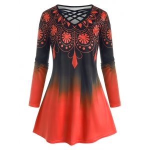 

Plus Size Lattice Ombre Print Tunic Long Sleeve Tee, Red