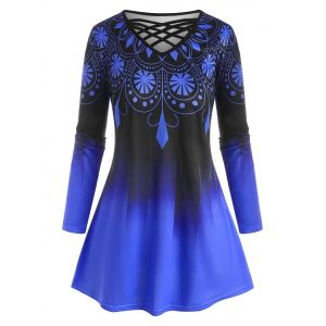 

Plus Size Lattice Ombre Print Tunic Long Sleeve Tee, Blue