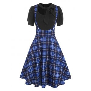 

Mock Button Plaid Pussybow Dress, Black