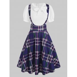 

Mock Button Plaid Pussybow Dress, White