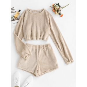 

Lounge Fluffy Fleece Cropped Top and Shorts Set, Light coffee