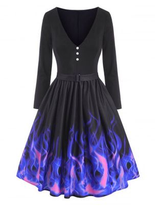 Mock Button Flame Print Plunging Dress