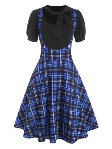 Mock Button Plaid Pussybow Dress
