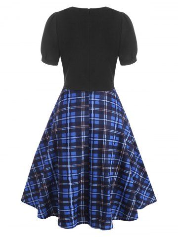 Mock Button Plaid Pussybow Dress