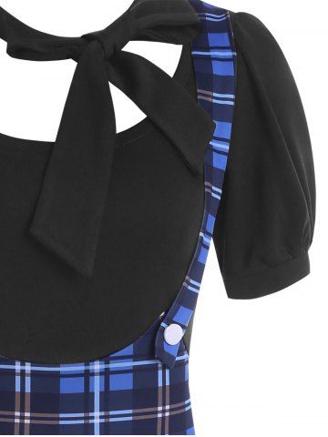 Mock Button Plaid Pussybow Dress