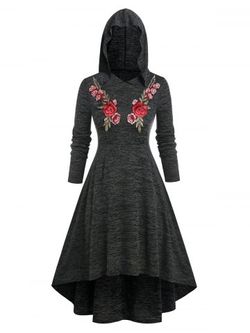 Plus Size Rose Embroidery High Low Midi Dress - DARK GRAY - 1X