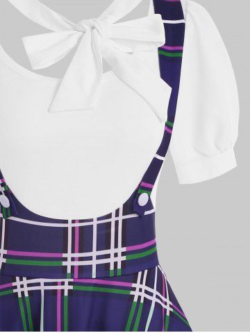 Mock Button Plaid Pussybow Dress