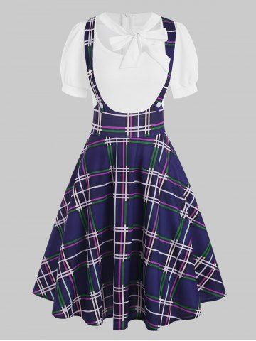 Mock Button Plaid Pussybow Dress