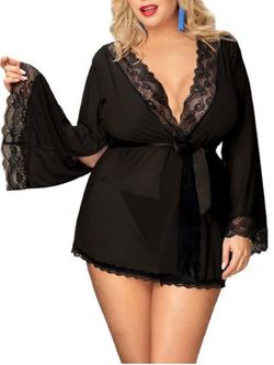 Plus Size Lingerie Lace Panel Bell Sleeve Robe and T-back - BLACK - L