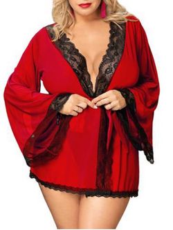 Plus Size Lingerie Lace Panel Bell Sleeve Robe and T-back - RED - L