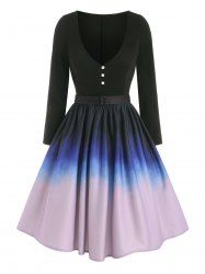 Mock Button Ombre Belted Dress -  