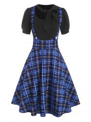 Mock Button Plaid Pussybow Dress -  