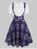 Mock Button Plaid Pussybow Dress -  