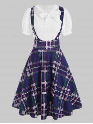 Mock Button Plaid Pussybow Dress -  