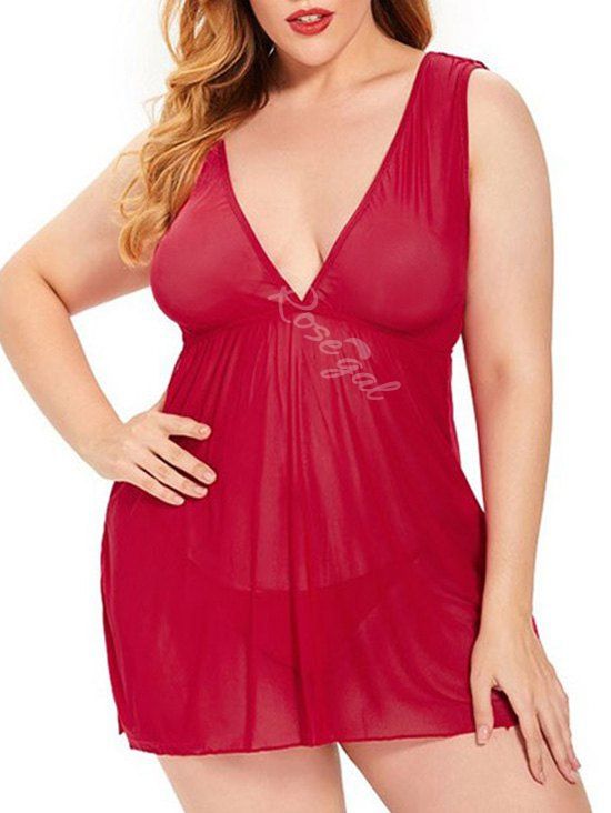Outfits Plus Size Mesh Ruffle See Thru Lingerie Babydoll Set  