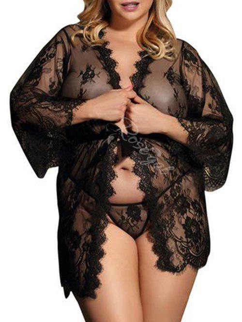 Fashion Plus Size See Through Lace Lingerie Robe and T-back  