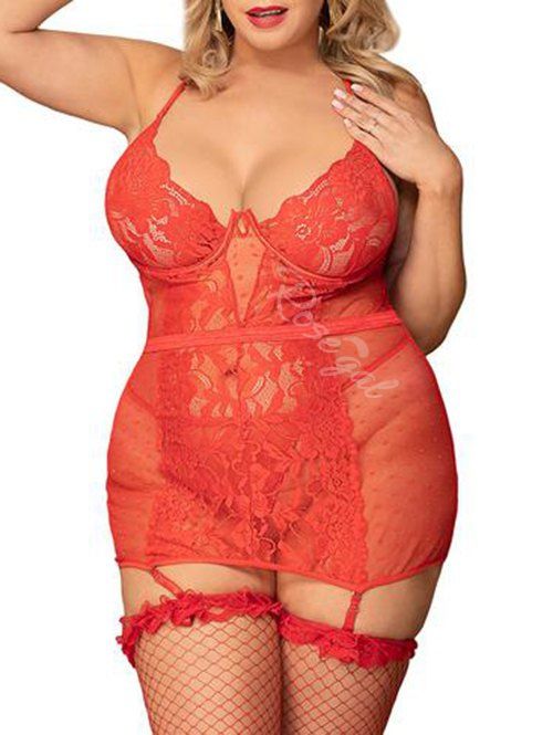 Store Dotted Mesh Lace Underwire T-back Plus Size Lingerie Babydoll  
