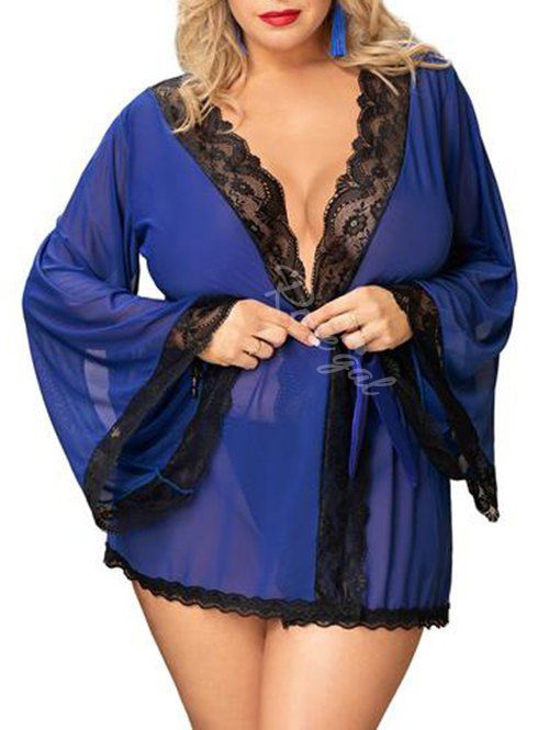 Chic Plus Size Lingerie Lace Panel Bell Sleeve Robe and T-back  