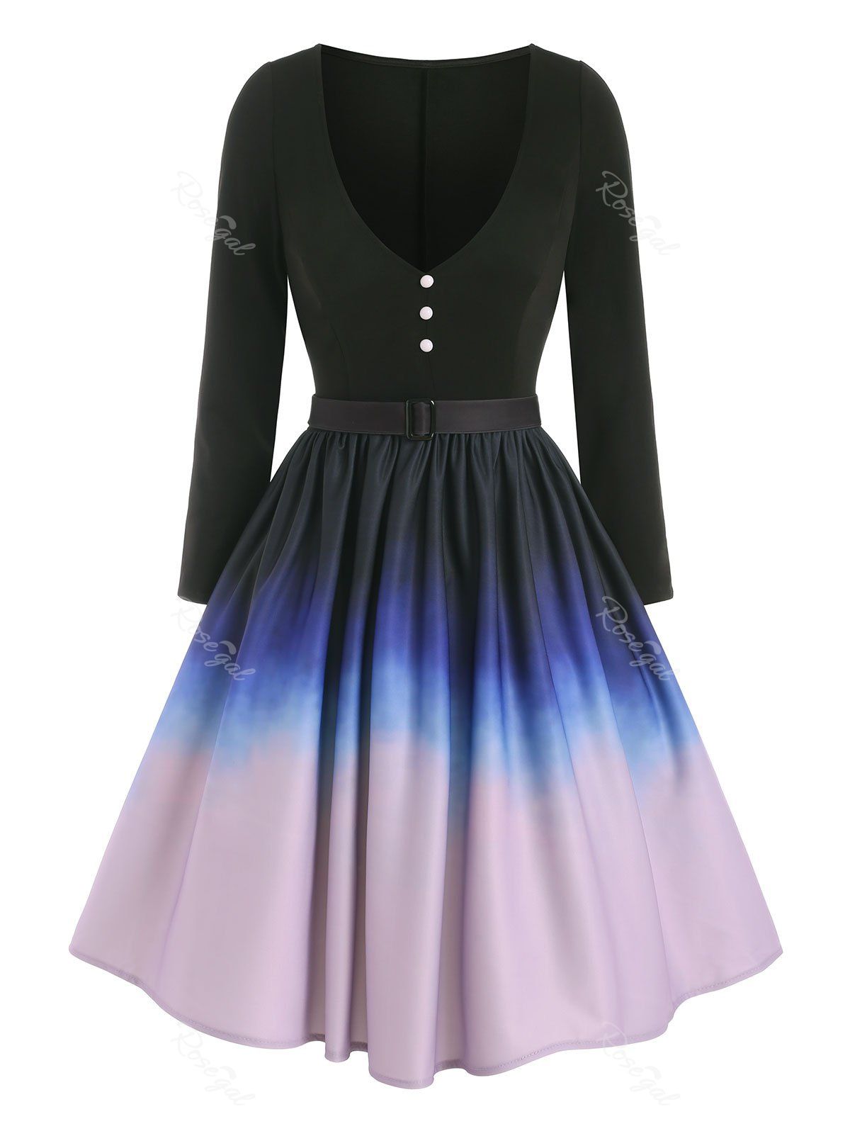 Outfits Mock Button Ombre Belted Dress  