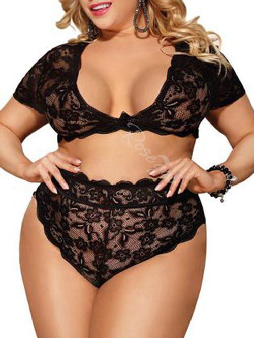 Outfits Plus Size Scalloped Flower Lace Bralette Set  