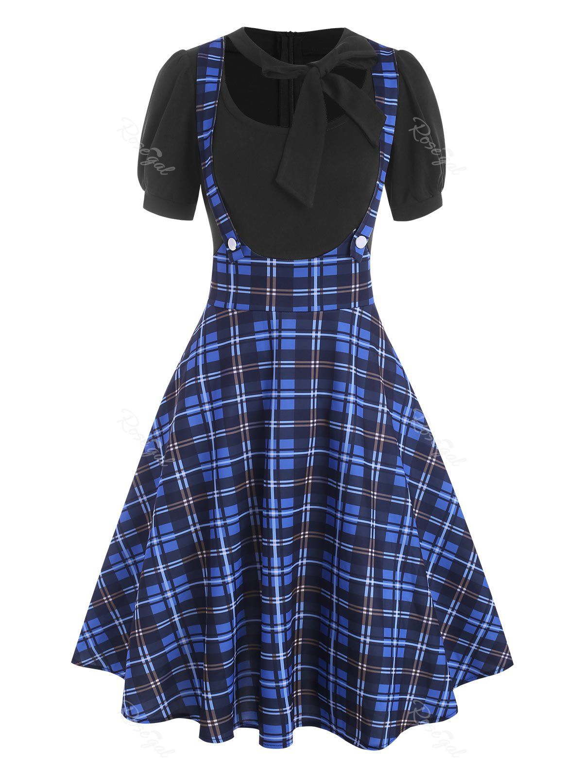 Cheap Mock Button Plaid Pussybow Dress  