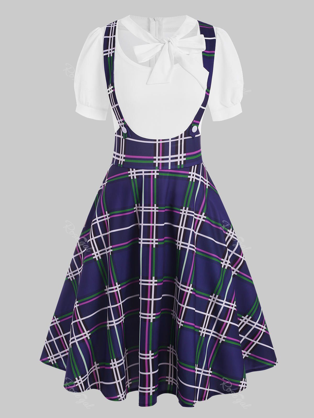 Cheap Mock Button Plaid Pussybow Dress  
