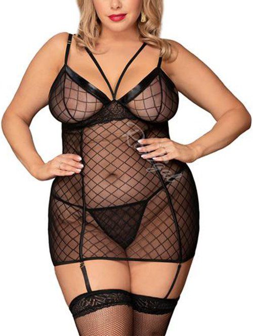 Discount Garter Slip Checked Mesh Strappy T-back Plus Size Babydoll  