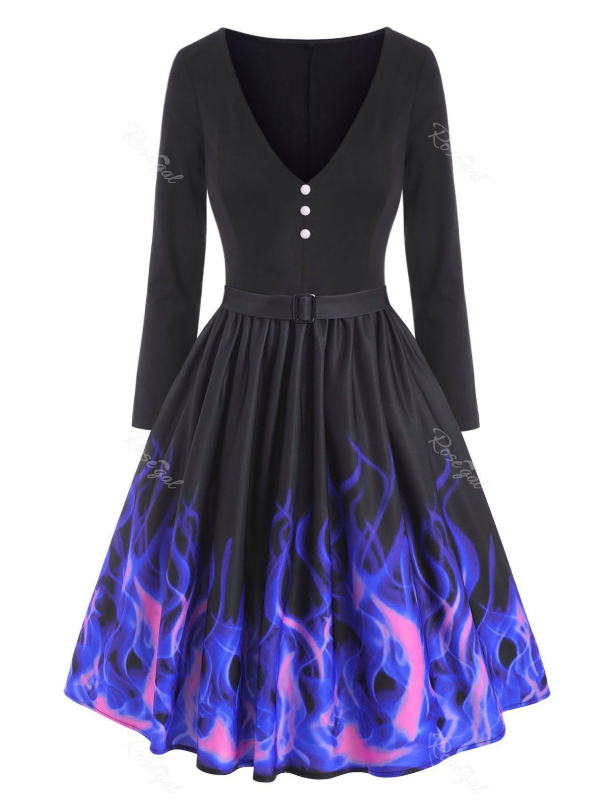 Buy Mock Button Flame Print Plunging Dress  