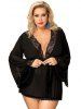Plus Size Lingerie Lace Panel Bell Sleeve Robe and T-back -  