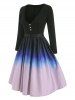Mock Button Ombre Belted Dress -  