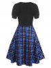 Mock Button Plaid Pussybow Dress -  