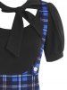 Mock Button Plaid Pussybow Dress -  