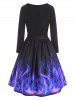 Mock Button Flame Print Plunging Dress -  