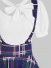 Mock Button Plaid Pussybow Dress -  