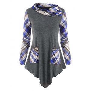 

Mock Button Plaid Pocket Asymmetric T Shirt, Dark gray