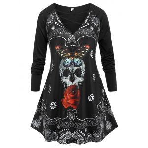 

Plus Size Halloween Skull Print Crisscross T-shirt, Black