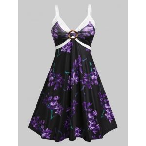 

Plus Size Floral Print O Ring Empire Waist Dress, Black