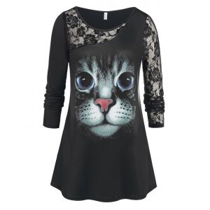 

Plus Size 3D Cat Print Lace Panel T-shirt, Black