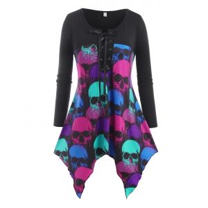 

Lace Up Colorful Skull Halloween Plus Size Top, Black