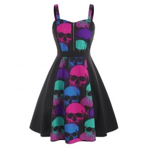 

Zippered Front Colorful Skull Halloween Plus Size Dress, Black