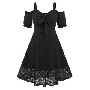 

Plus Size Cold Shoulder Bowknot Vintage Dress, Black