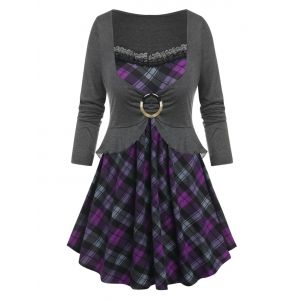 

Plus Size Plaid Lace Panel Skirted Flounce Peplum Tee, Multi