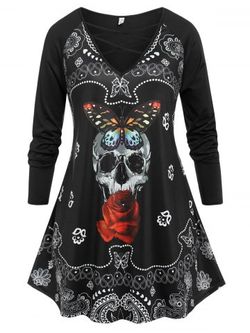 Plus Size Gothic Skull Print Crisscross T-shirt - BLACK - 2X