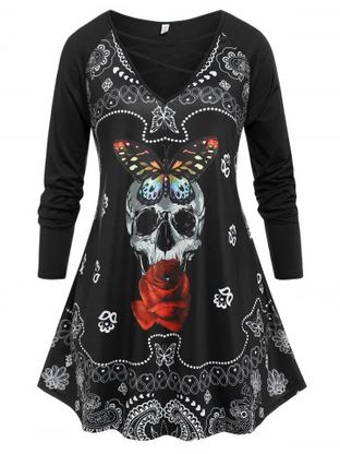 Plus Size Gothic Skull Print Crisscross T-shirt