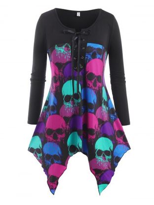 Lace Up Colorful Skull Halloween Plus Size Top