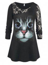 Plus Size 3D Cat Print Lace Panel T-shirt -  